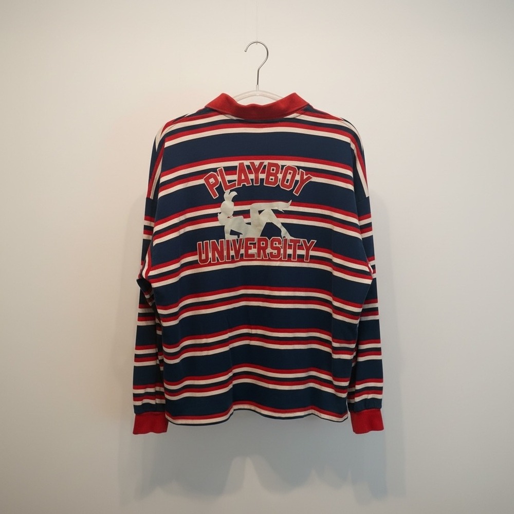 Playboy by PacSun University Striped Rugby Polo Shirt Navy Red White Medium - Picture 2 of 4